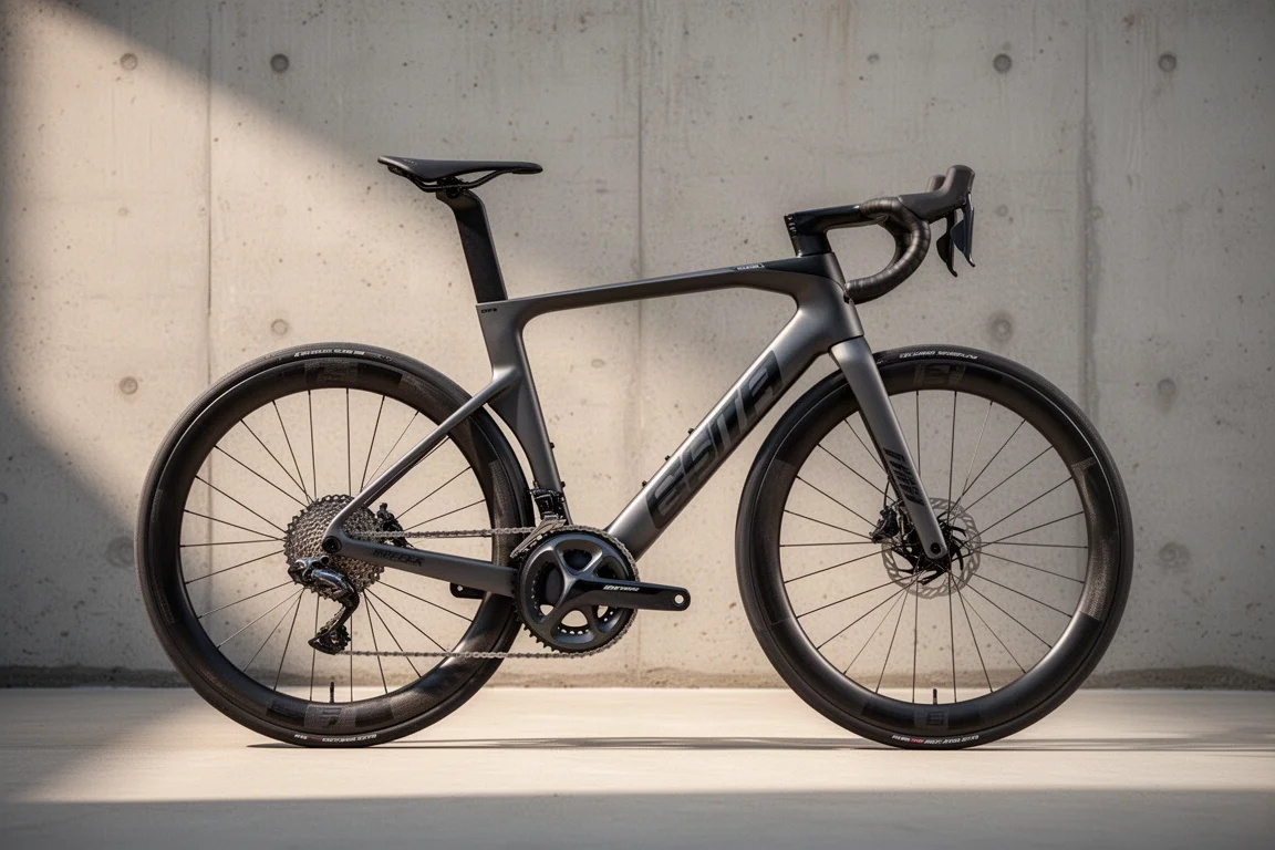 Aerodynamische racefiets in zijaanzicht tegen een betonnen muur