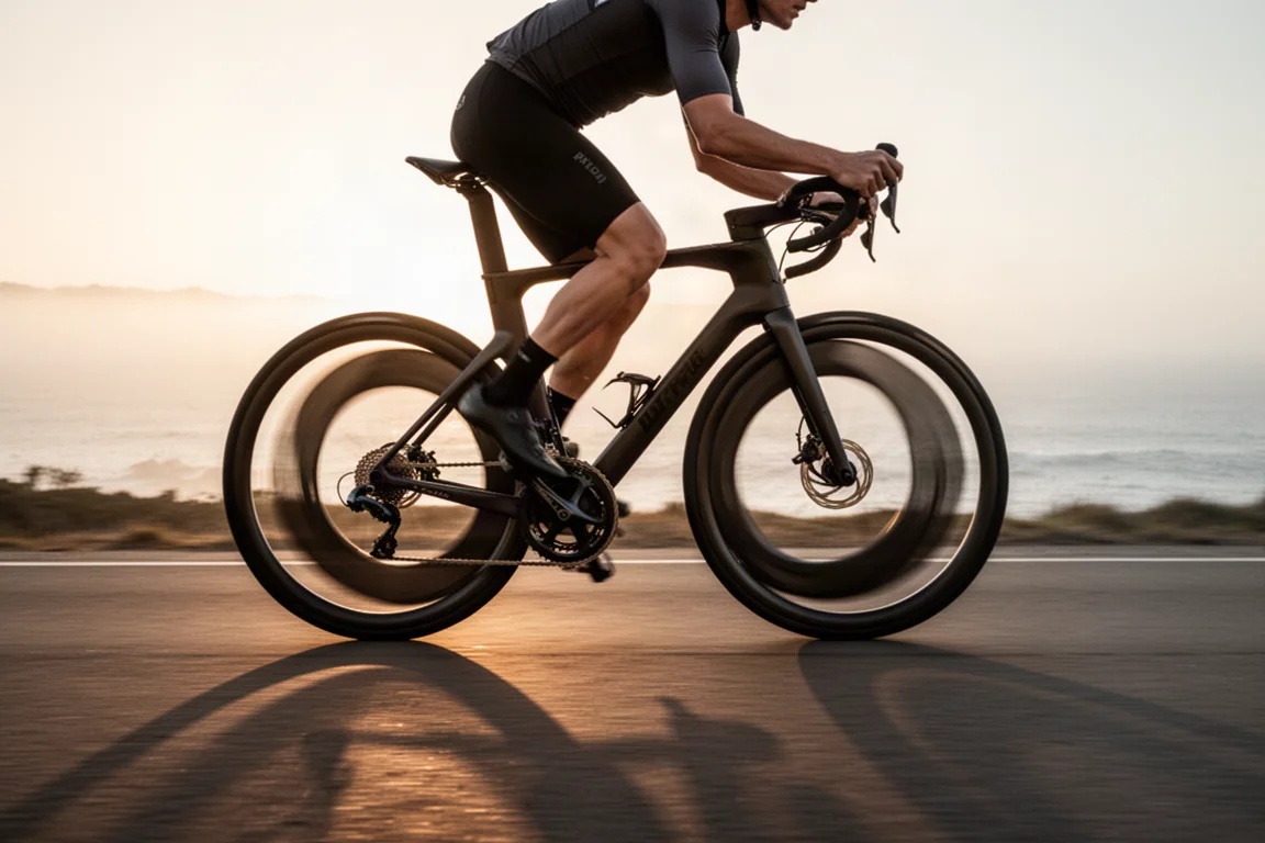 Ciclista rodando en una bicicleta de carretera aero por una carretera costera al amanecer