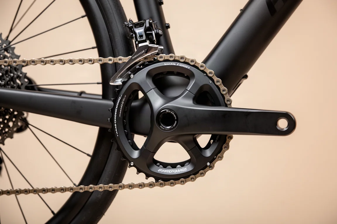 Primer plano de un plato único y un casete de amplio rango en una bicicleta de carretera