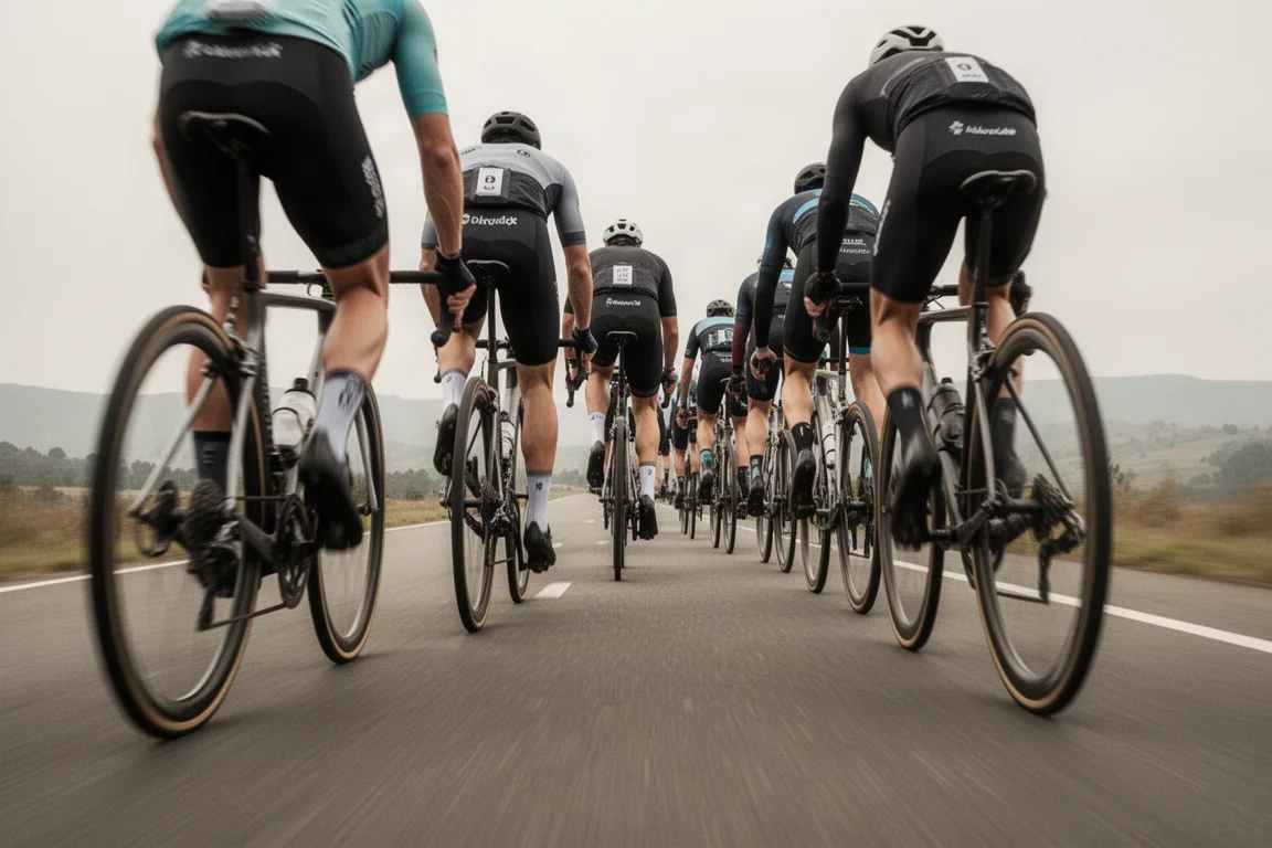 Fila de ciclistas de carretera rodando a velocidad en una carretera abierta con luz nublada