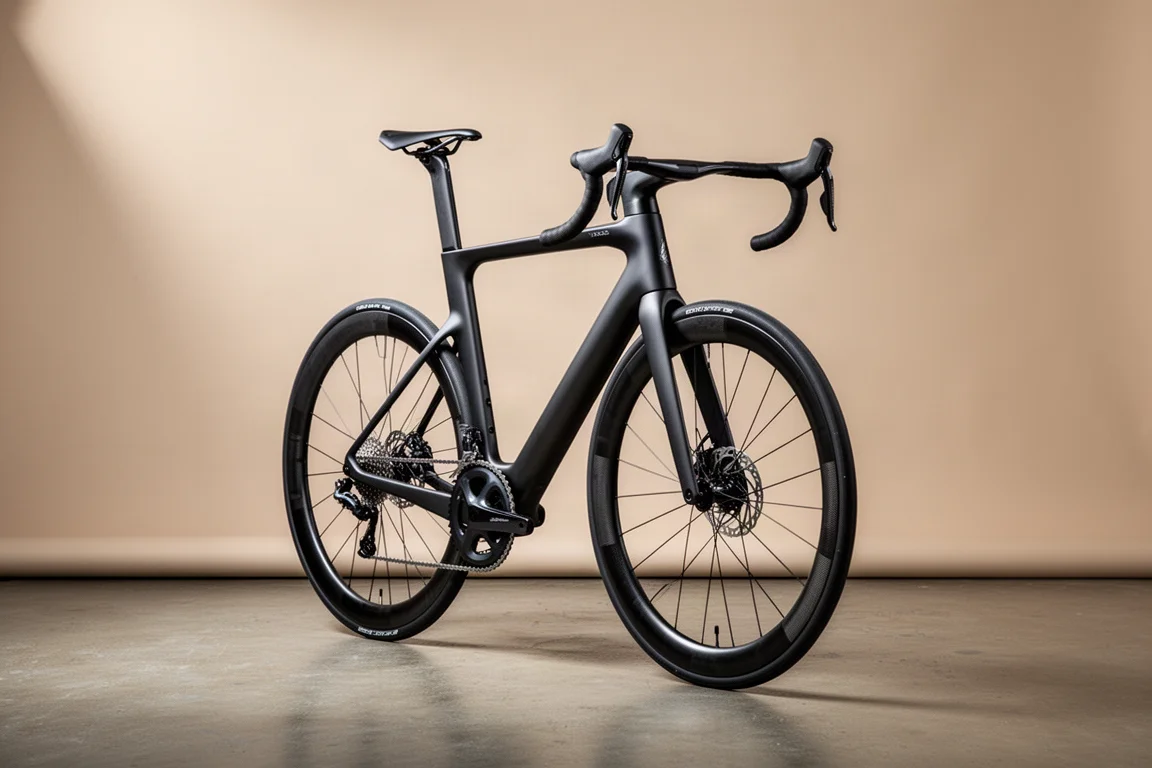 Uppdaterad Cervélo S5 aero-landsvägscykel med djupa kolfiberhjul på ett betonggolv