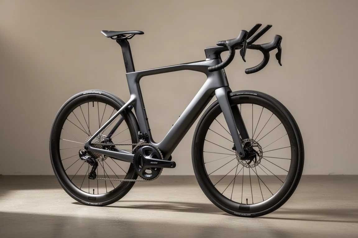 Diep carbon aero-racefiets van opzij gefotografeerd op een betonnen oppervlak