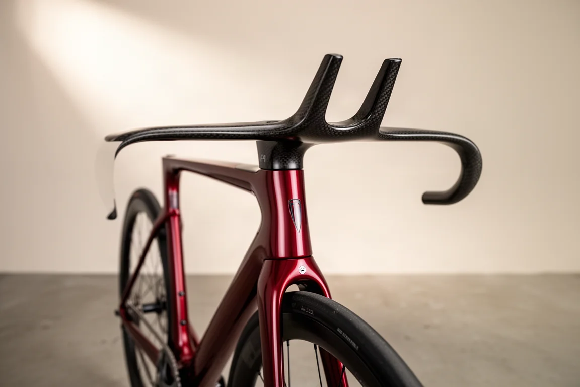 Primo piano dell'anteriore di una bici da corsa aero con forcella profonda e cockpit monopezzo