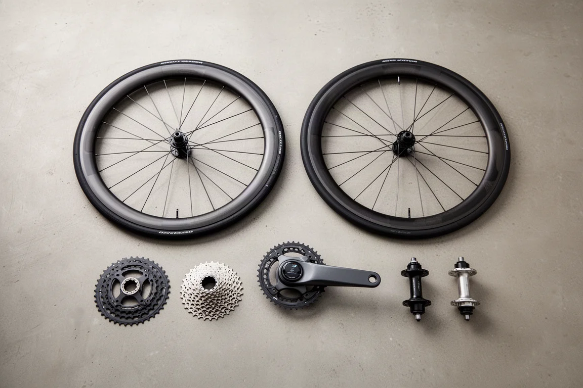 Vista dall'alto flat-lay di componenti per bici da corsa aero tra cui ruote, corone e guarnitura