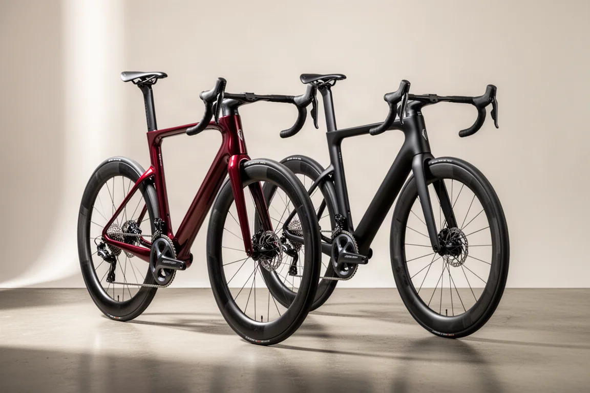 Två aeroracercyklar för landsväg uppställda sida vid sida i en ljus studio