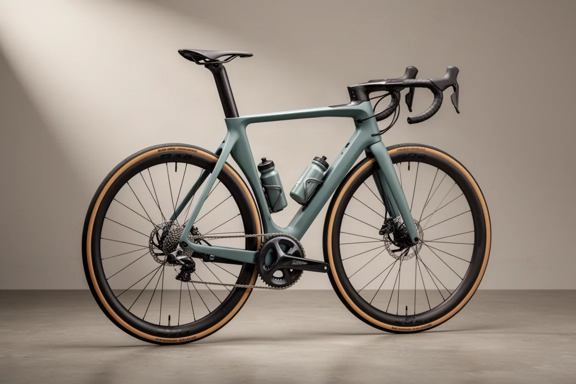 Aero racefiets met diepe carbonwielen in zijaanzicht op een betonnen ondergrond