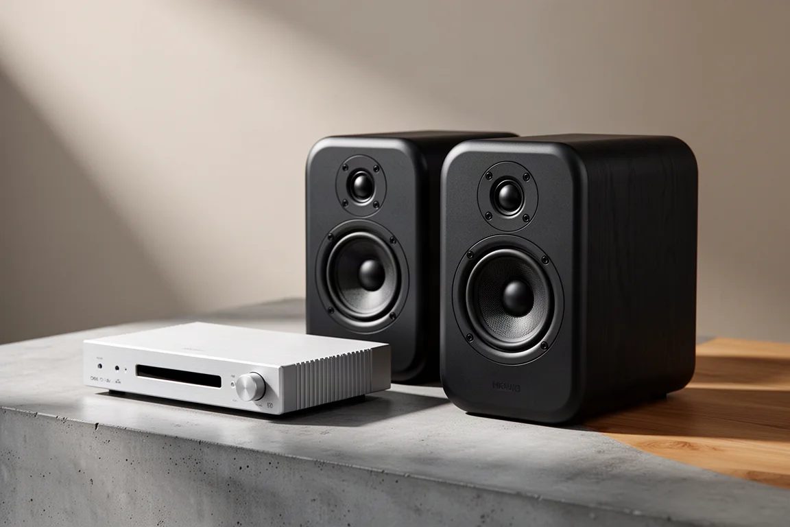 Pair of compact black bookshelf speakers beside a slim amplifier on a concrete surface