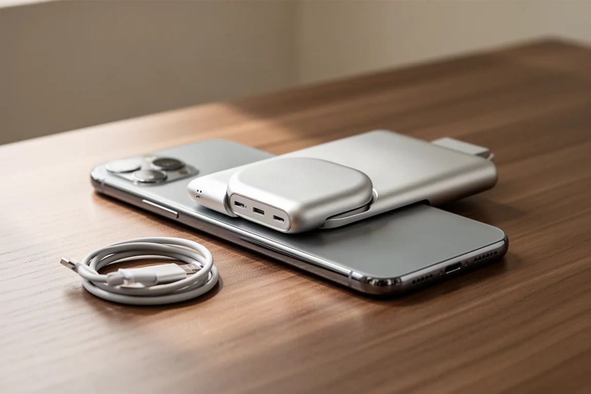 一个人在桌上用 MagSafe 移动电源为智能手机充电