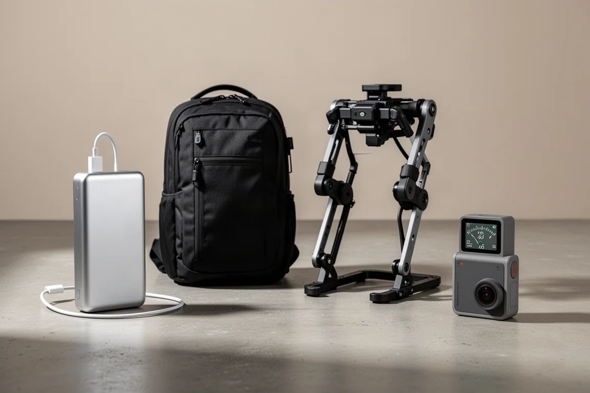 Power bank, backpack, exoskeleton frame and pocket camera arranged on concrete