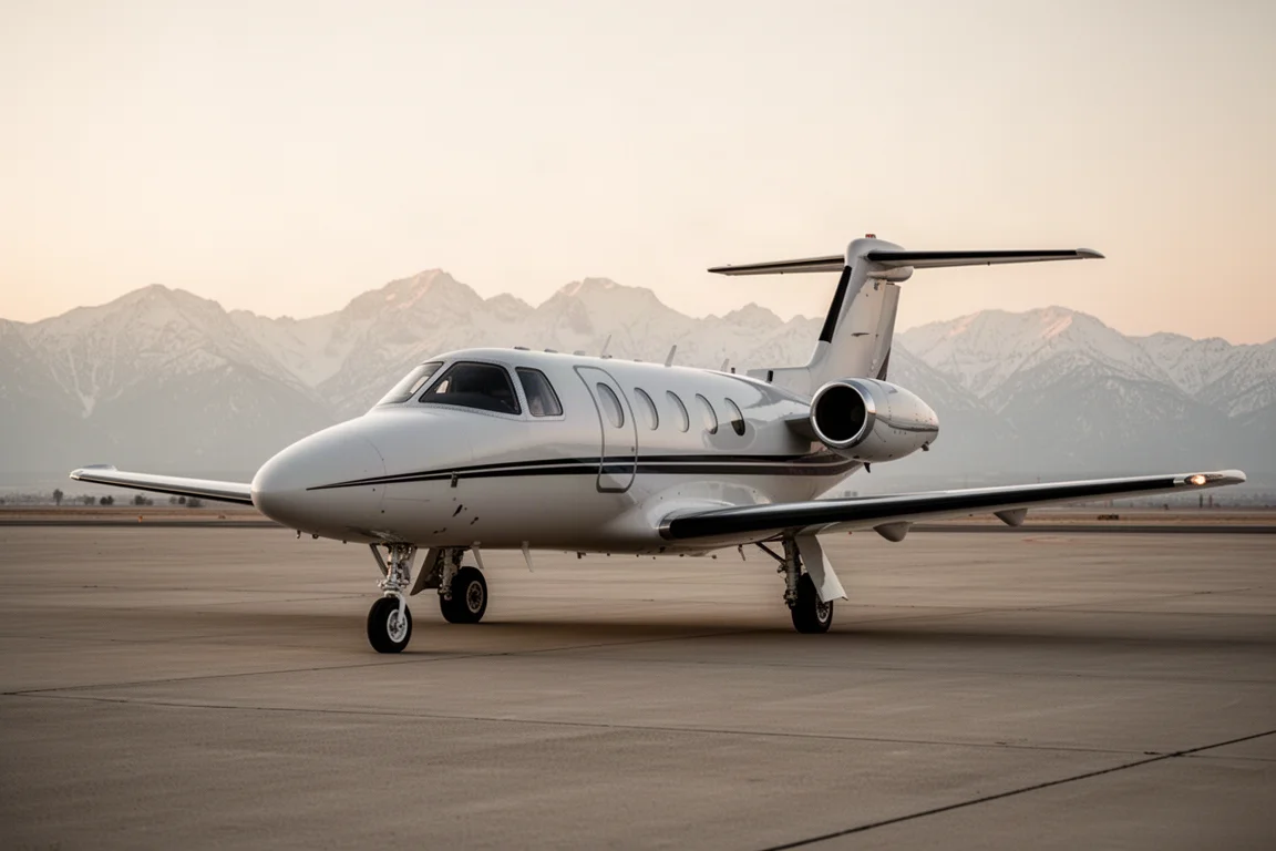 Small business jet parked on a concrete apron at dawn with mountains behind