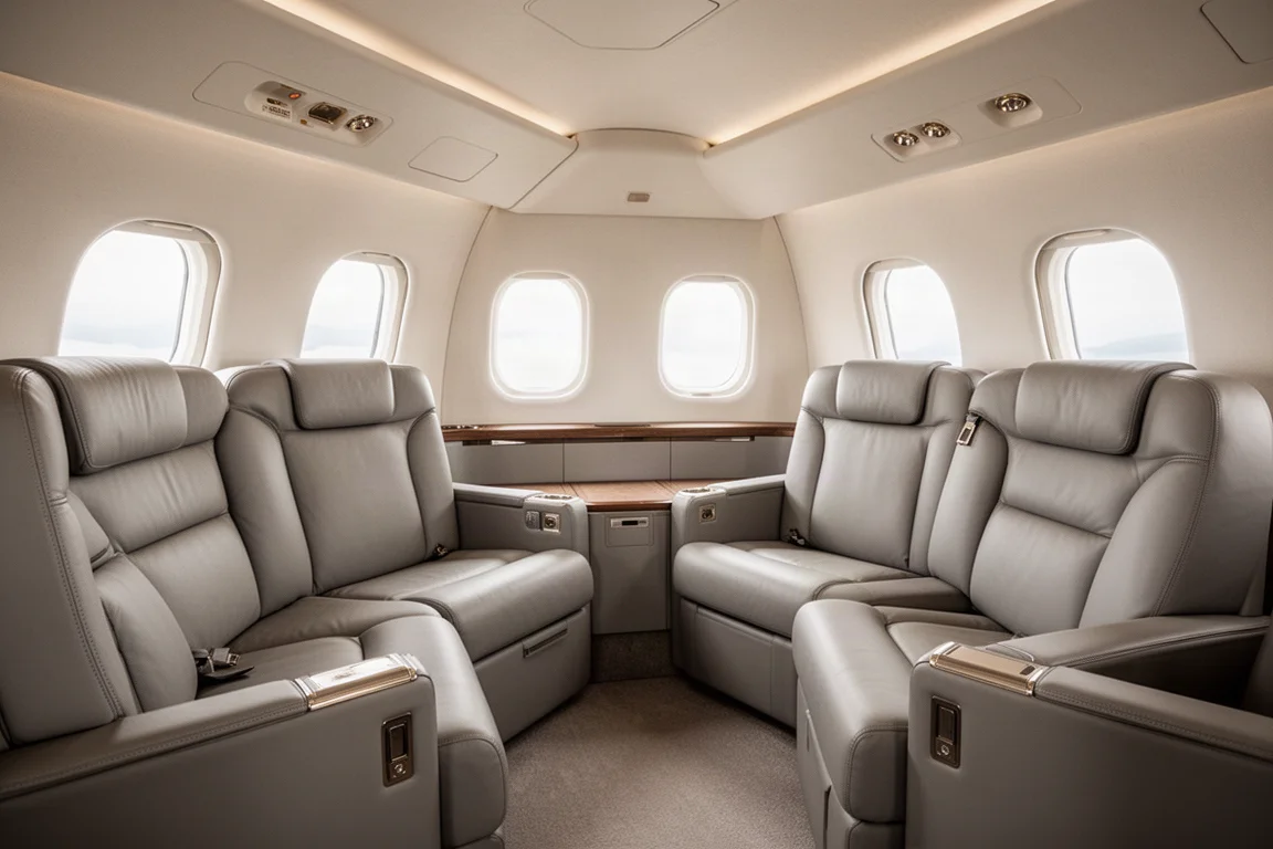 Rymlig kabin i privatjet med mjuk stämningsbelysning