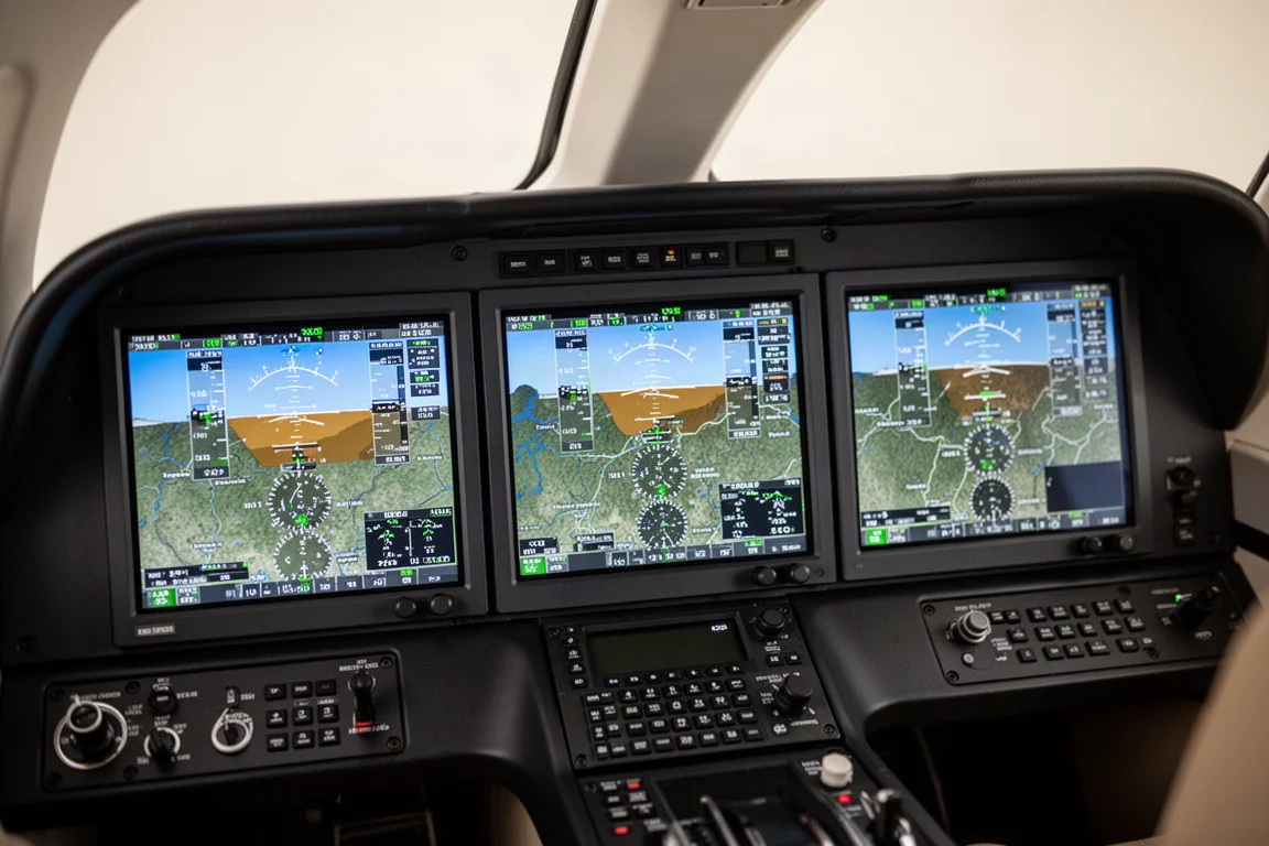Modern glasavionikpanel med stora skärmar i en jetcockpit