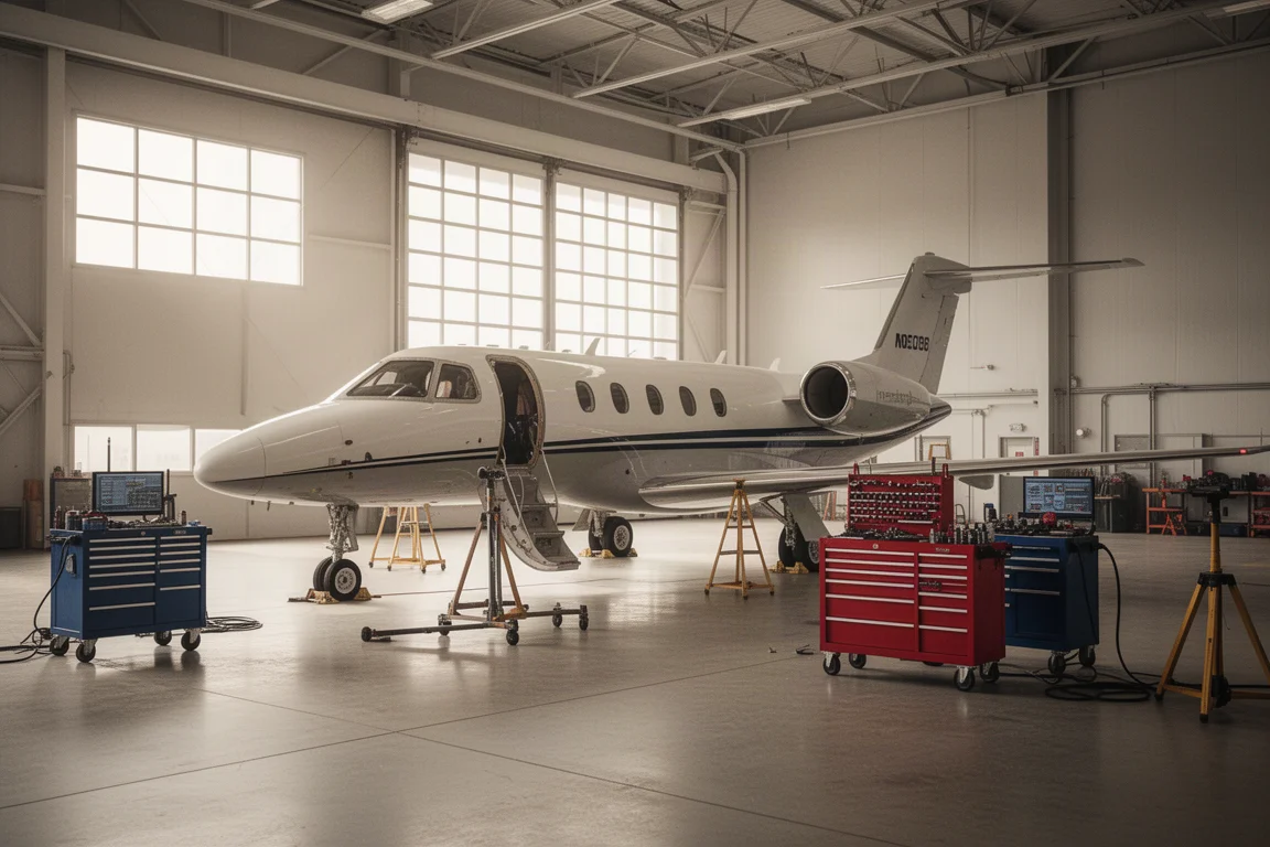 Tekniker som arbetar med en avionikuppgradering på ett flygplan i en hangar