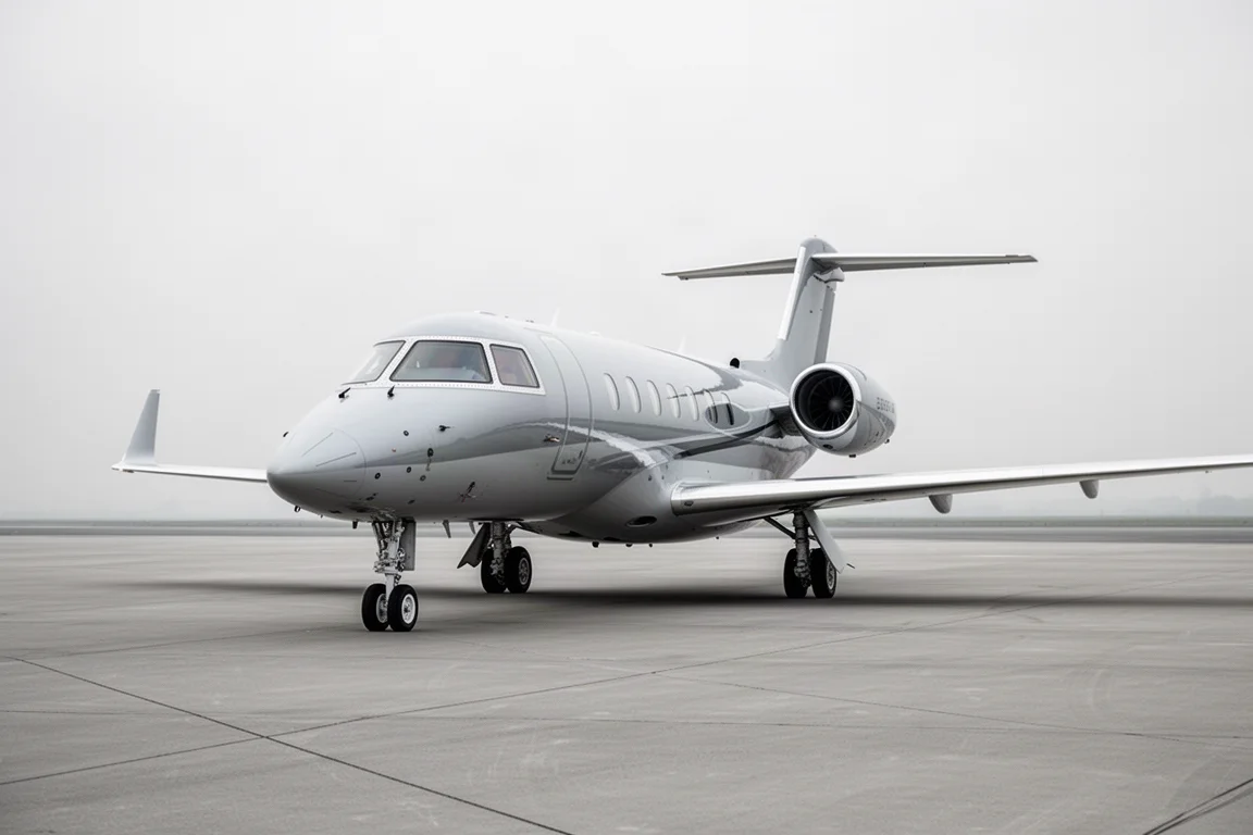 Light business jet parked on a concrete apron under soft light