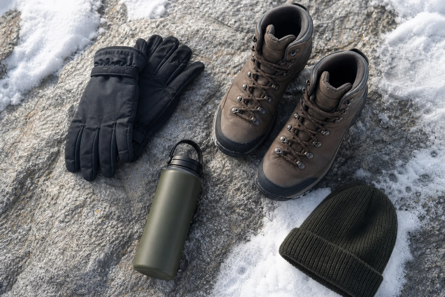 Winter outdoor gear including gloves and boots on snowy mountain surface