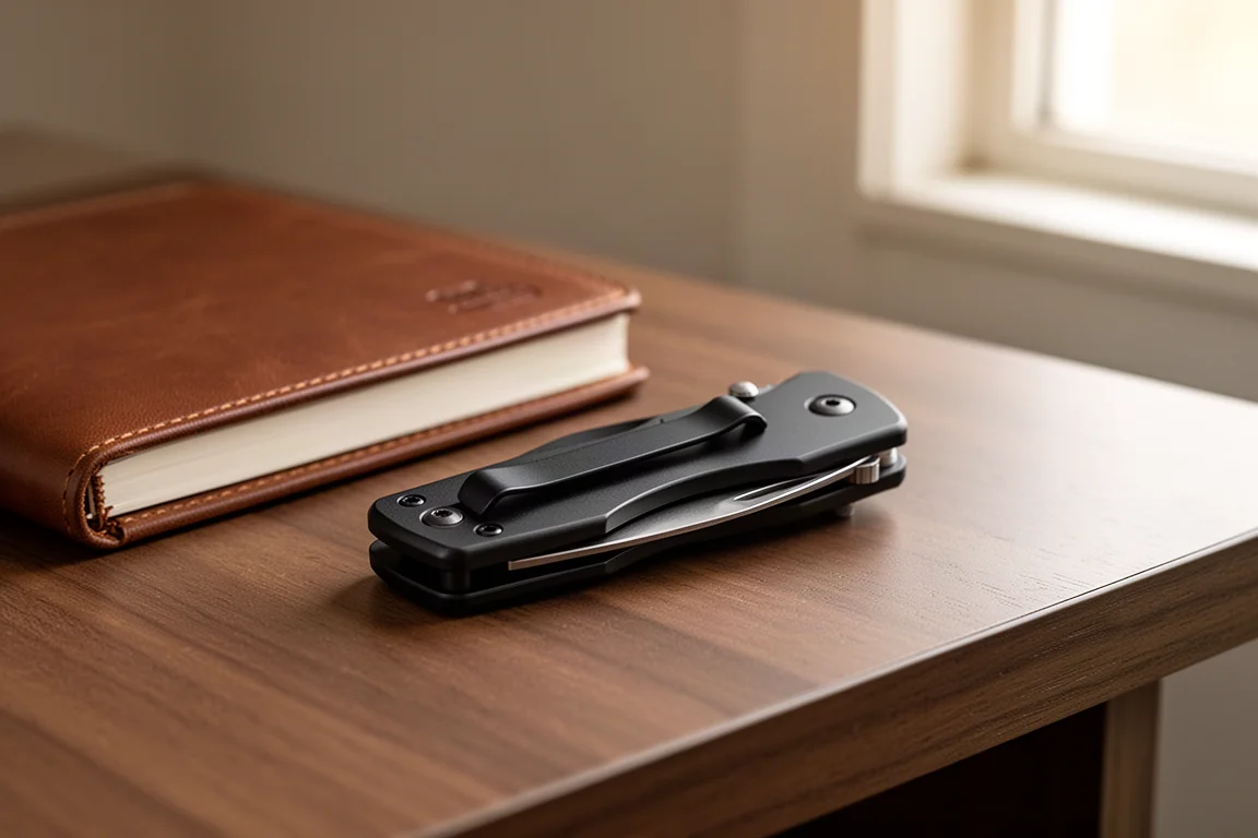 Compact pocket knife with deep carry clip resting on a wooden desk