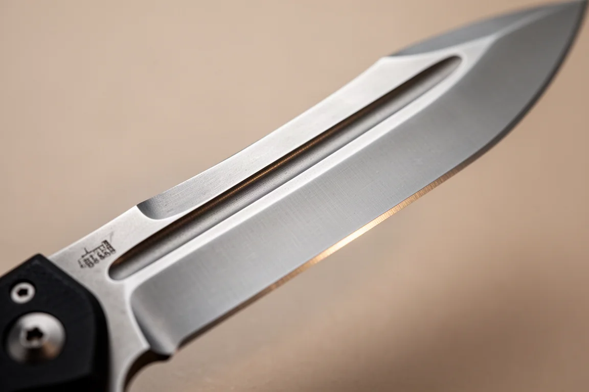 Close-up of a knife blade with a carved fuller groove catching soft light