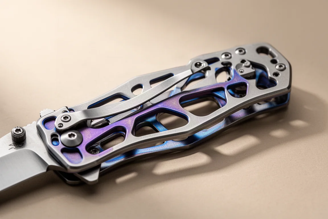 Highly skeletonized stainless steel liners visible inside an open folding knife handle