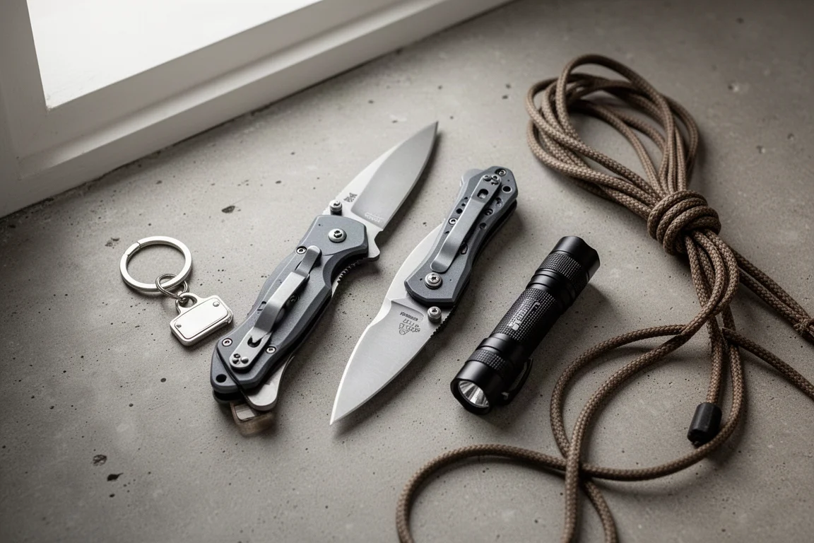 Two pocket knives lying on a concrete surface next to everyday carry items