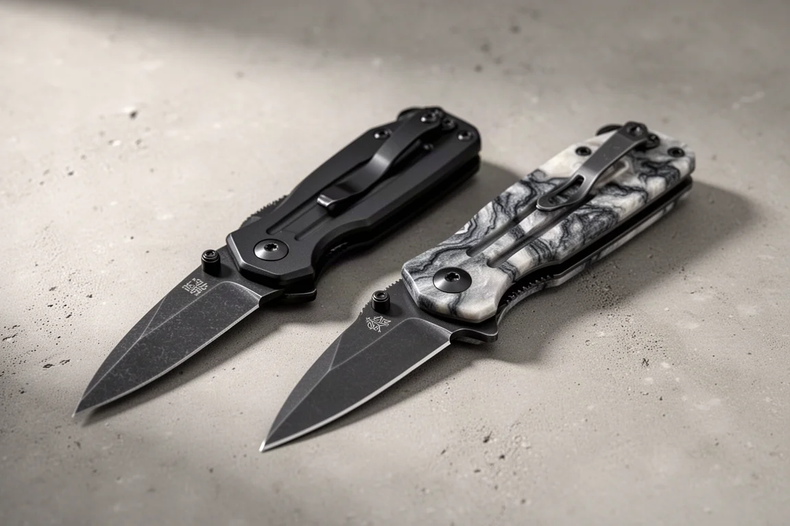 Zwei Klappmesser mit schwarzen Aluminium- und grauen Resin-Griffen nebeneinander auf Beton