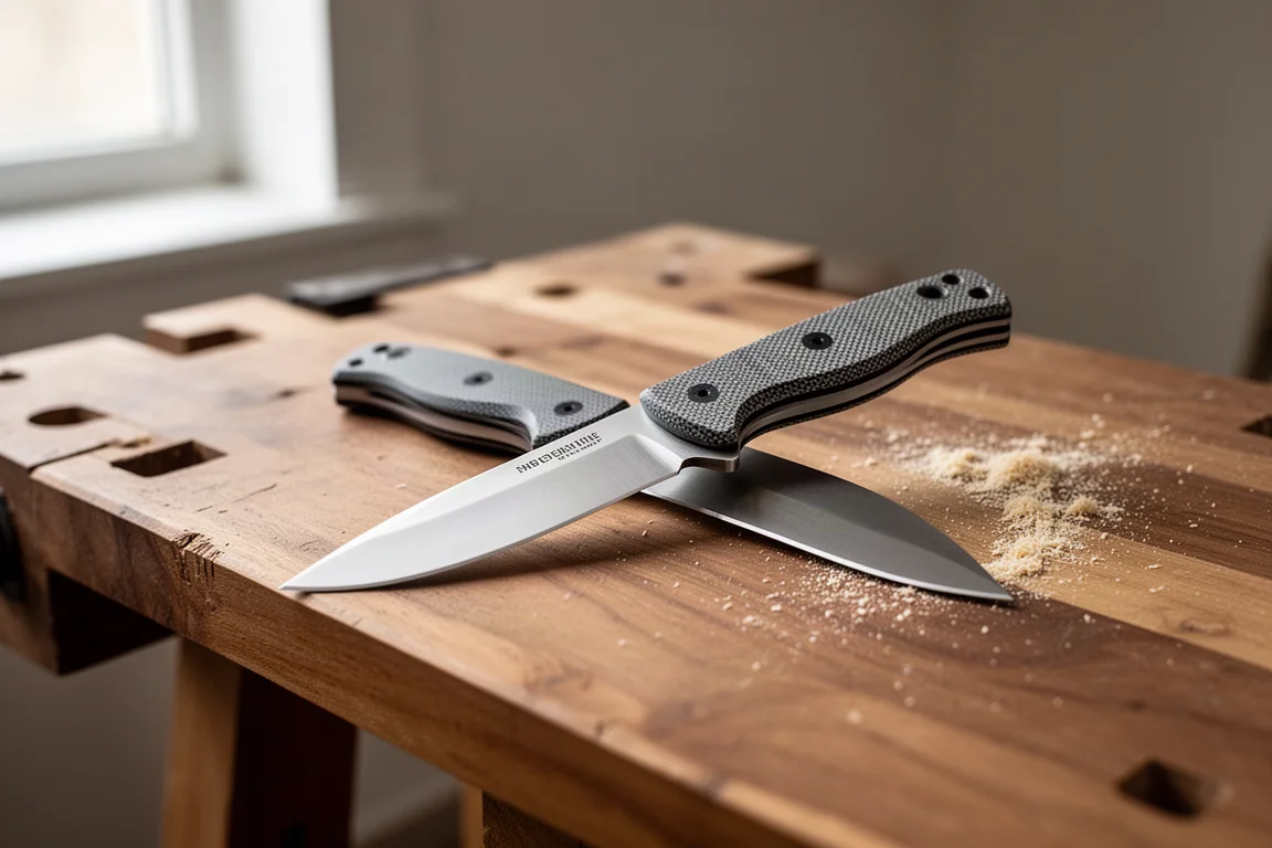 Cuchillo de caza de hoja fija apoyado sobre una mesa de trabajo de madera con luz suave