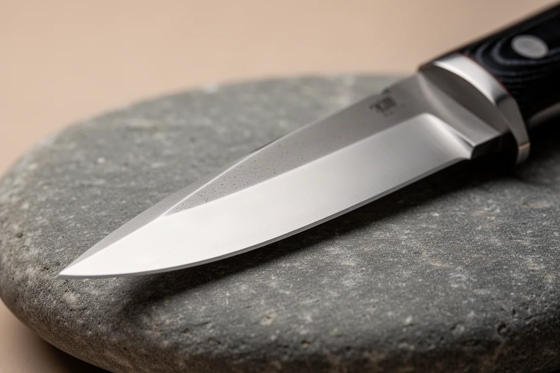 Primer plano de la punta de la hoja de un cuchillo y su perfil de filo ascendente sobre una superficie neutra