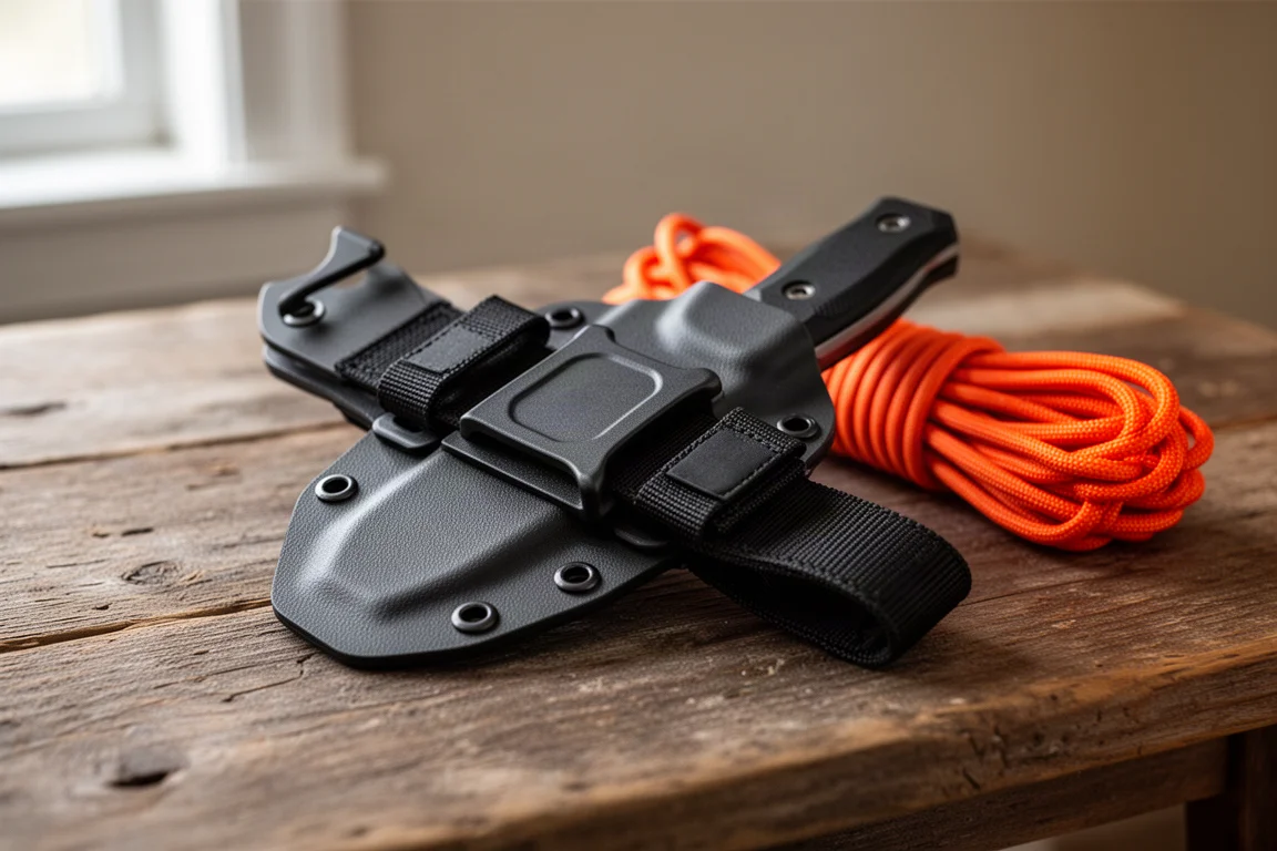 Funda de Kydex con correas de retención y un punto de bloqueo con gancho sobre una mesa