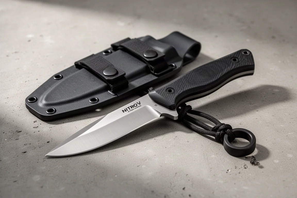 Cuchillo de caza de hoja fija con mango de G10 junto a una funda negra de Kydex sobre hormigón