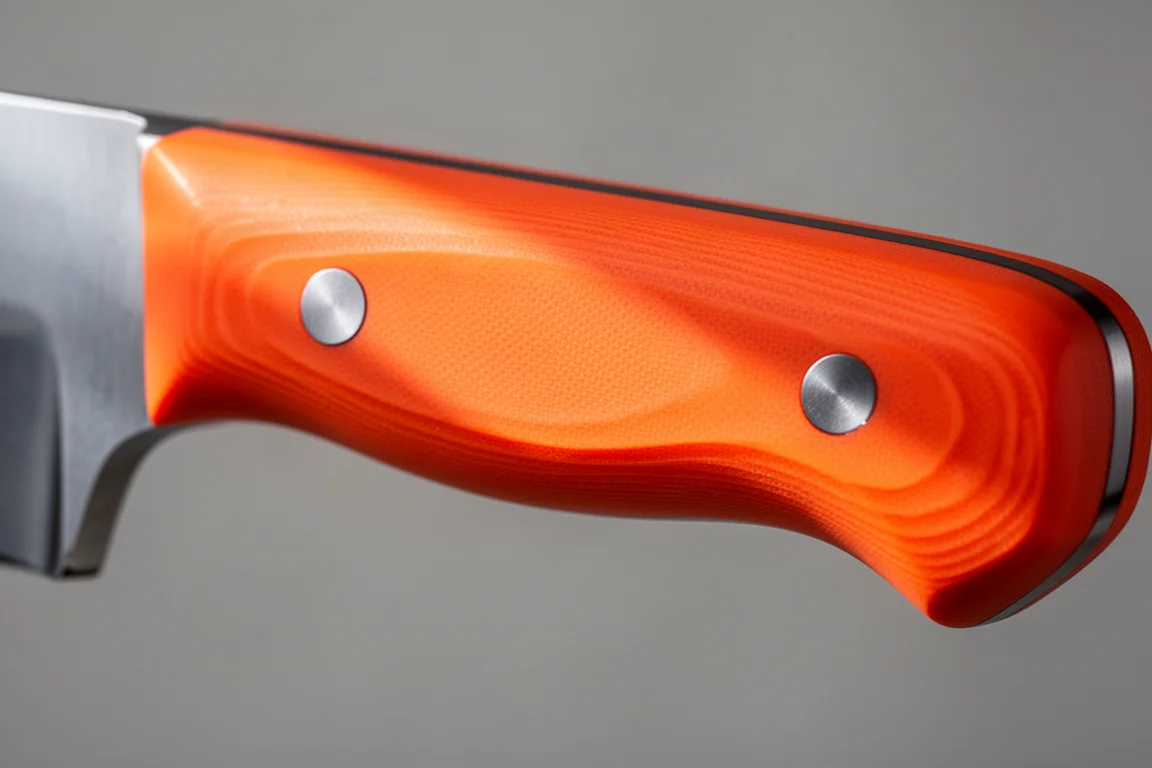 Nahaufnahme eines Messergriffs mit leuchtend orangen G10-Griffschalen und zwei Nieten
