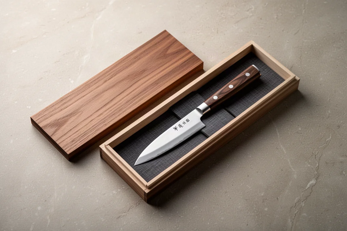 Elegante hölzerne Präsentationsbox für ein handgefertigtes japanisches Küchenmesser