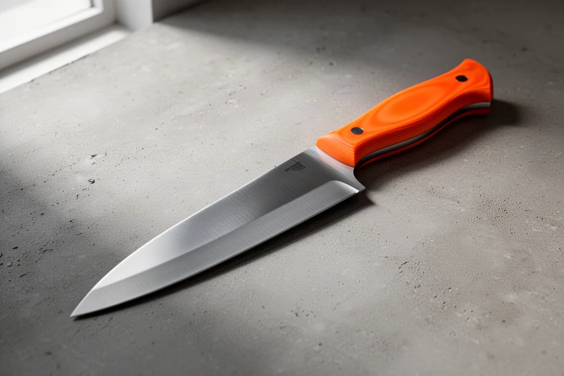 Faca de chef customizada com lâmina de aço escovado e cabo em G10 laranja vibrante sobre concreto