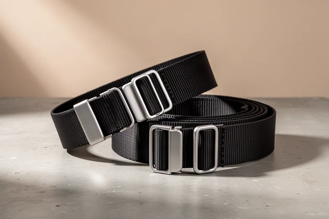 Set of wide adjustable storage straps with aluminum buckles arranged on concrete