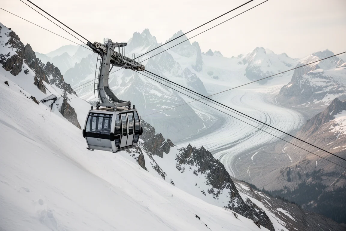 Teleférico ascendiendo sobre un paisaje montañoso nevado