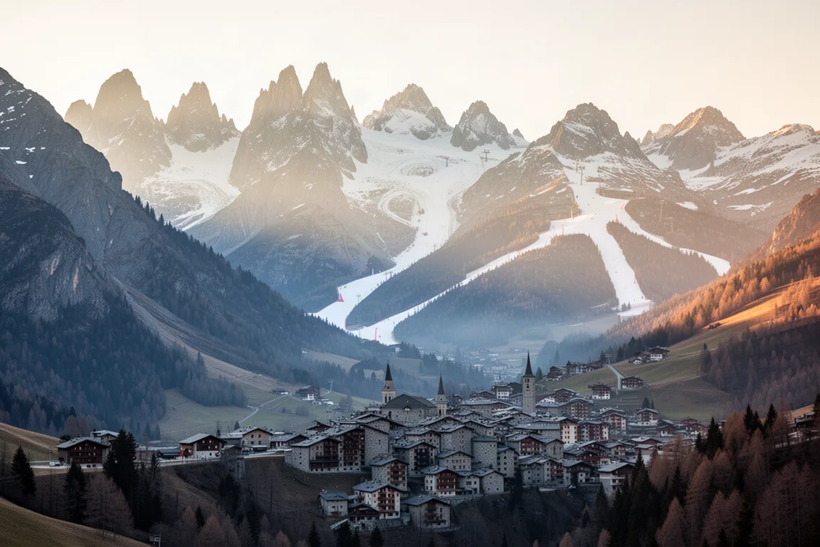 Alpine valley town beneath glacier-covered jagged peaks at golden hour