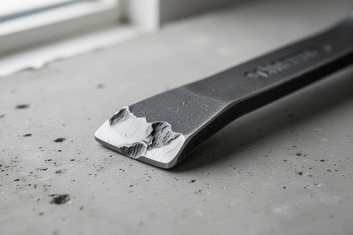 Close-up of a pry bar tip with a visible burr on the finished edge