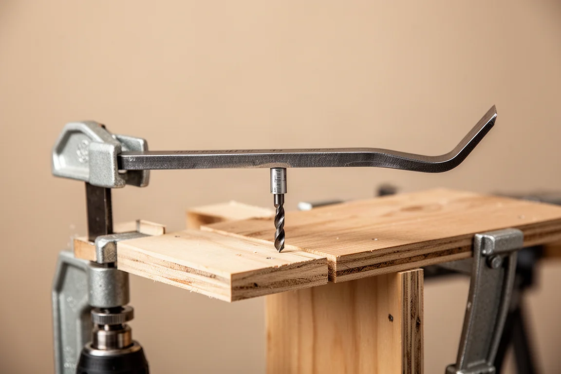Pry bar clamped in a simple deflection test rig on a wooden board