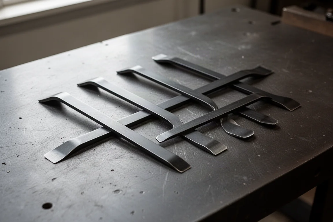 Four-piece pry bar set laid out on a dark workbench