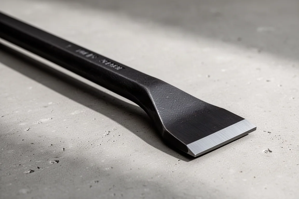 Heavy-duty pry bar with a wide flat tip photographed in soft studio light