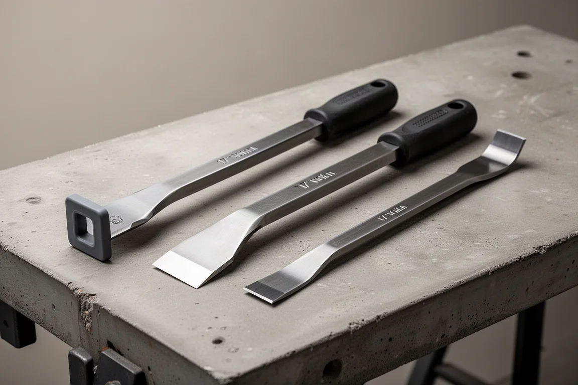 Three pry bars of different sizes arranged on a concrete workbench