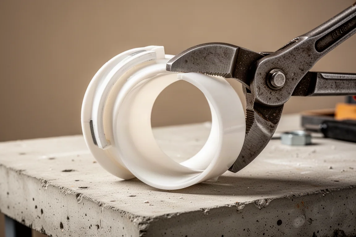 Large plier jaws gripping a wide plastic plumbing fitting on a workbench