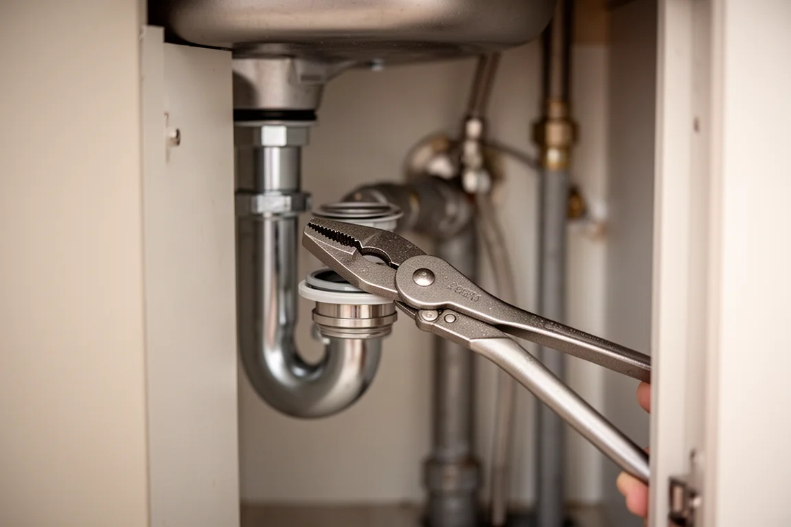 Pliers reaching into a narrow gap behind a utility sink to turn a coupler