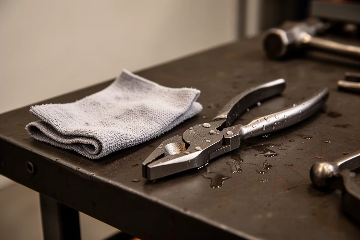 Work gloves and a cleaning wipe wiping down wet pliers in a garage