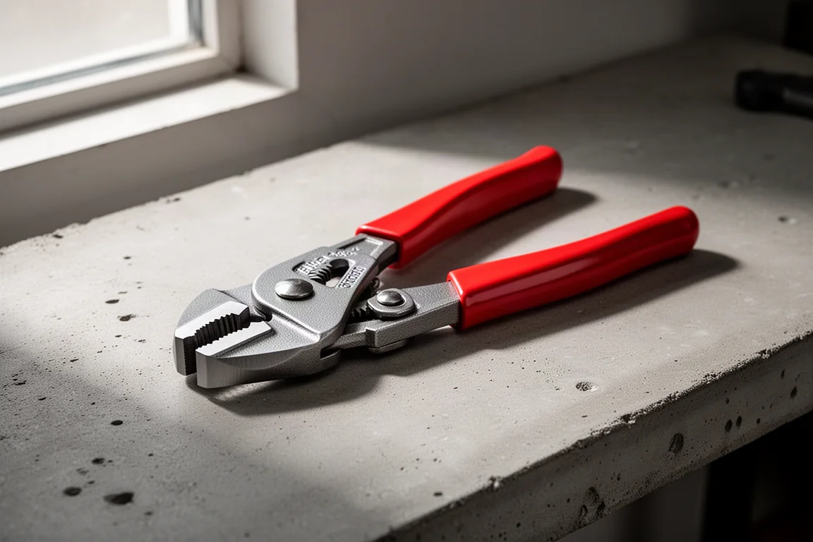 Red-handled Channellock 209 tongue-and-groove pliers on a concrete workbench