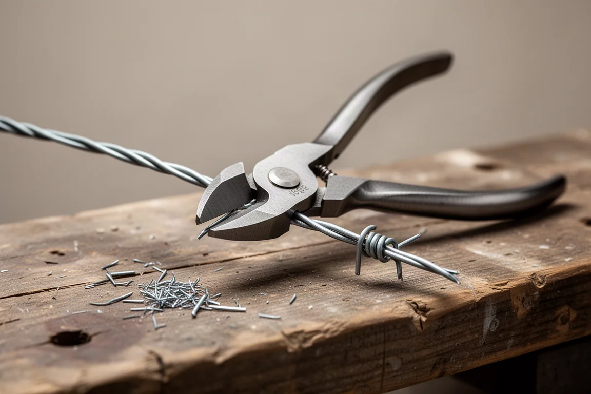 Side cutting pliers snipping galvanized fence wire on a work surface