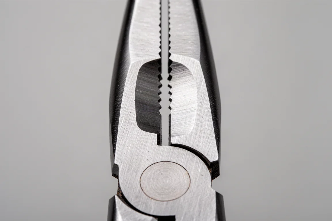 Close-up of the symmetrical cutting jaws of long-handled side cutters