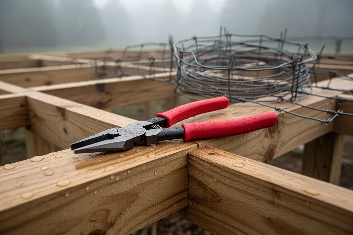 Long-handled side cutting pliers resting on a finished backyard patio