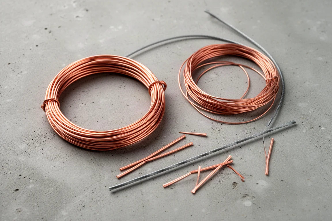 Alambre de cobre en enrollado y cable de acero fino dispuestos sobre un banco de taller