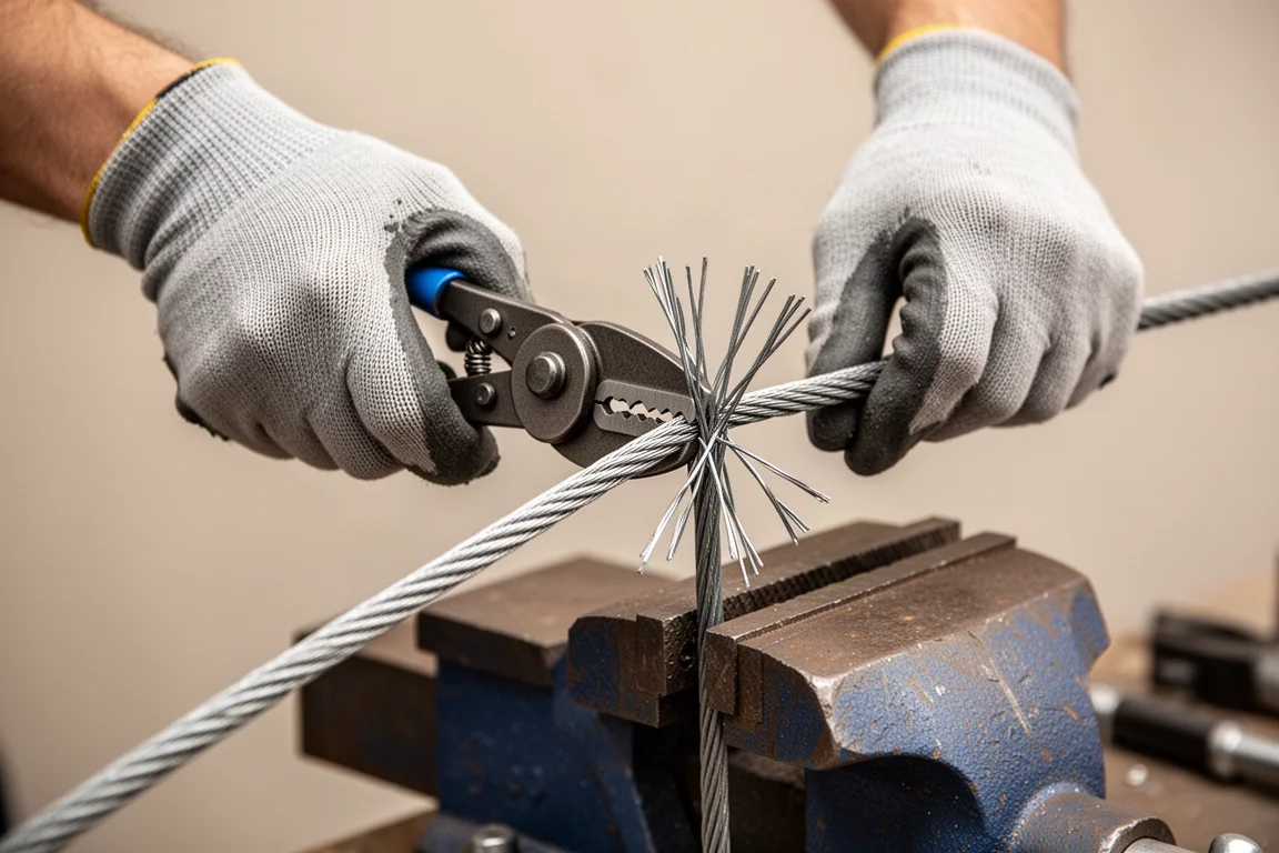Agarre a dos manos de un cortacables cortando cable de acero grueso