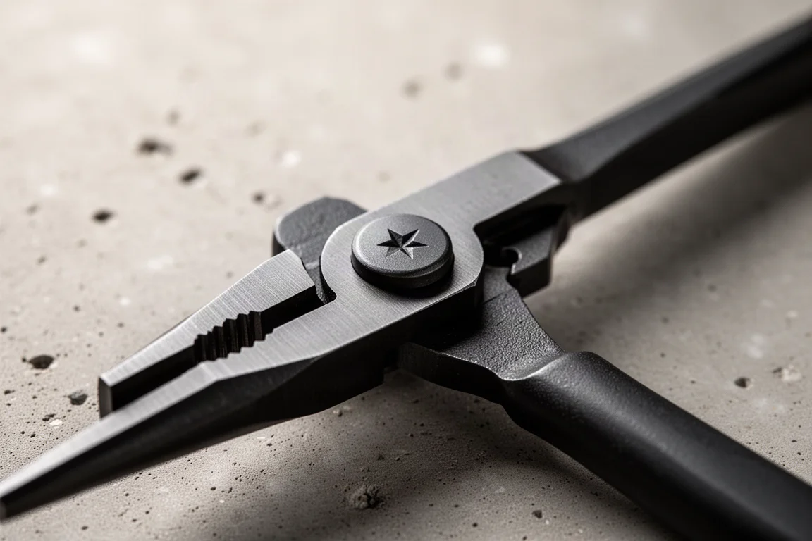 Close-up of a push-button adjustment mechanism on plier handles