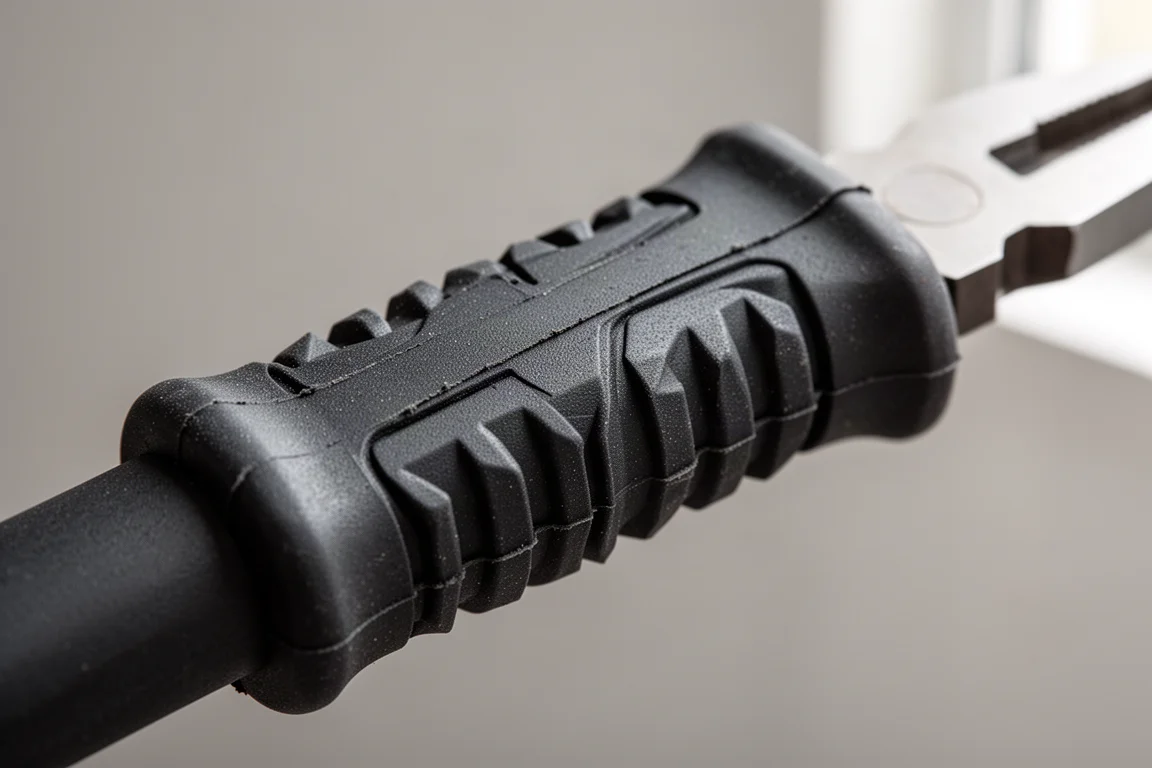 Close-up of a textured molded rubber grip on a plier handle
